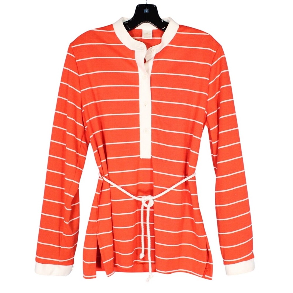 VTG JANTZEN Orange w/White STRIPES Poly-Knit TIE BELT 1/2 Button BLOUSE/TOP Sz L